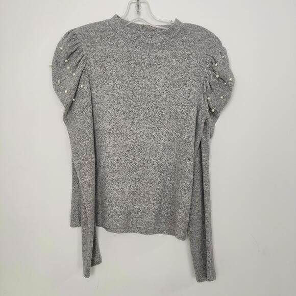 Zara Pearl Puff Sleeve Knit Top Gray Size Medium Feminine Business Casual - Picture 1 of 8